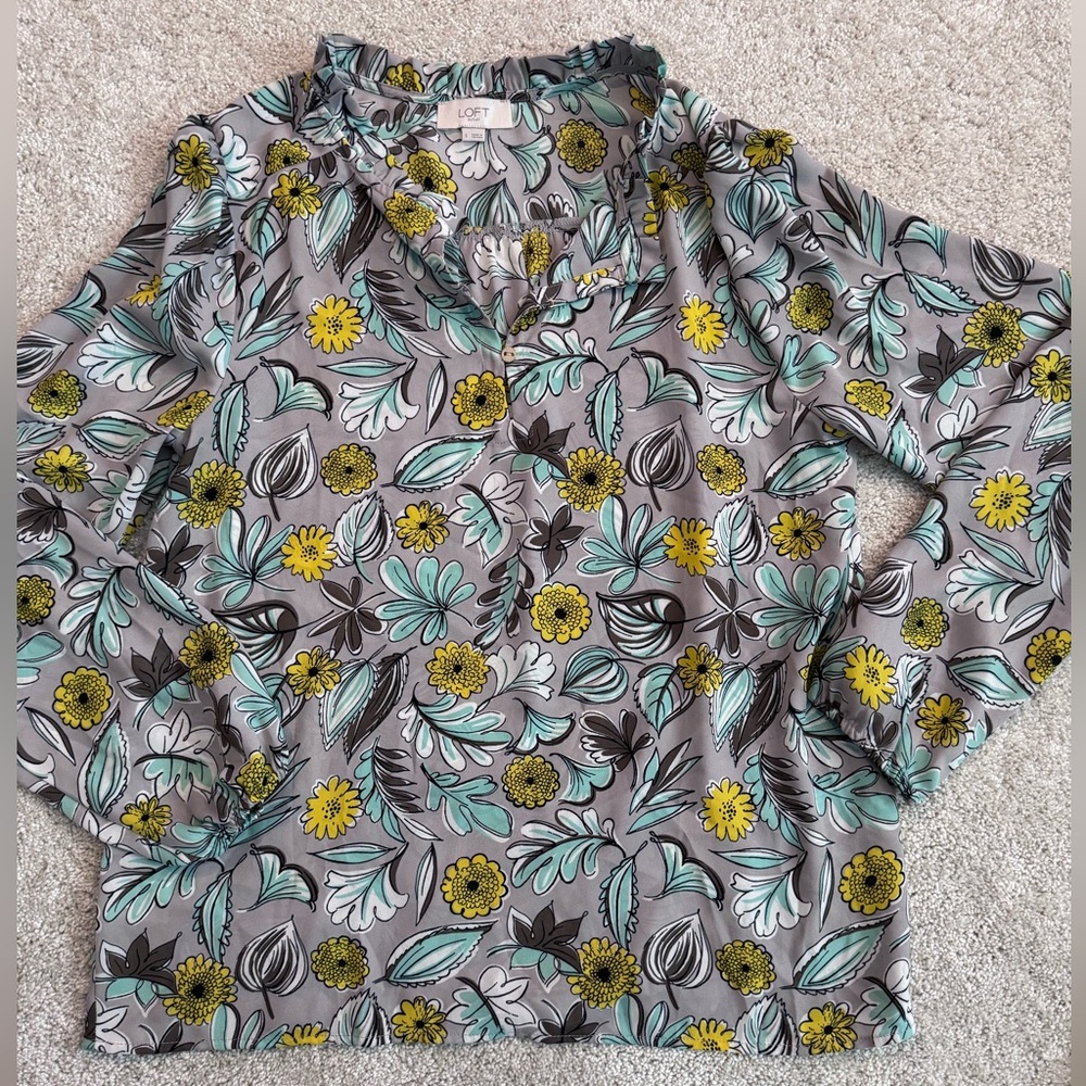 LOFT Floral Gray and Yellow Blouse